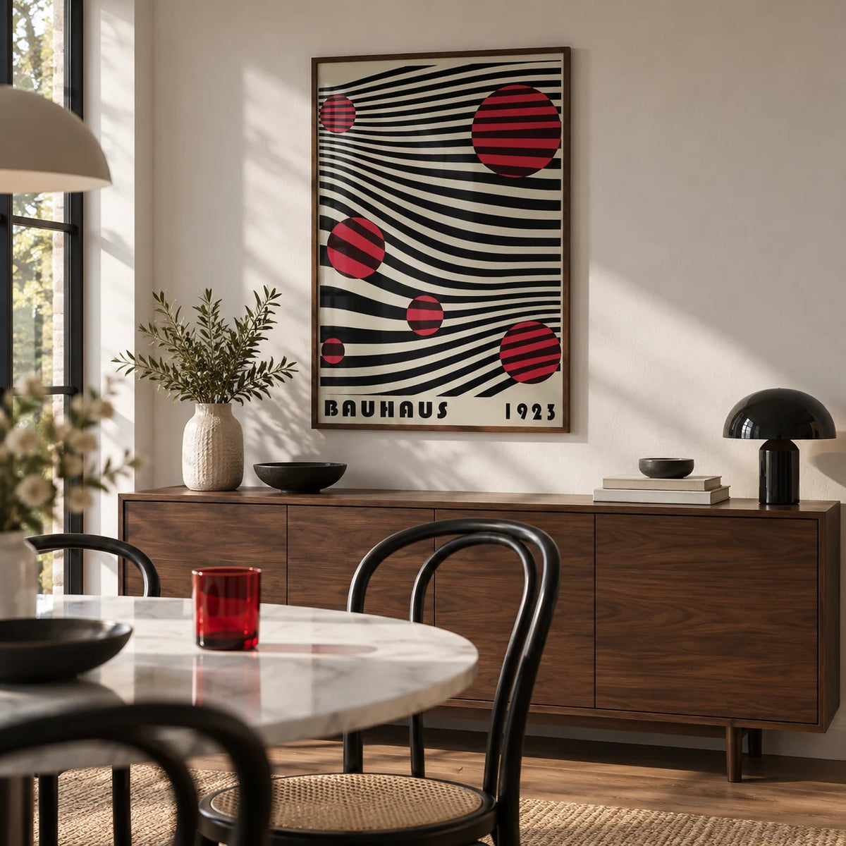 Large Bauhaus Wall Art, framed on the wall of a modern dining room