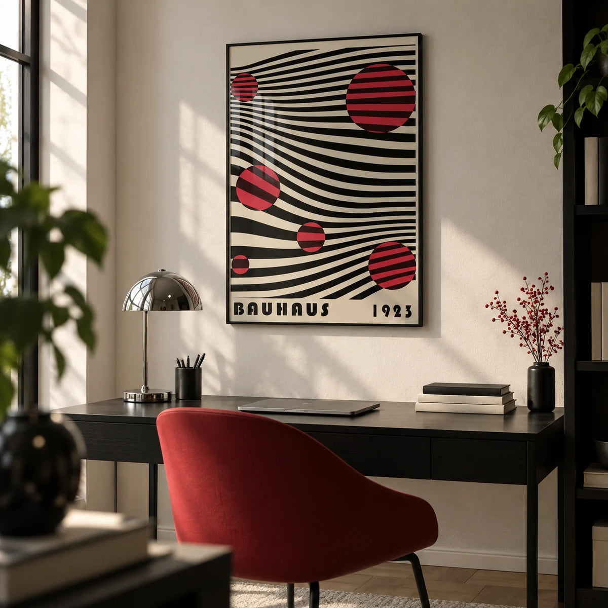 Large Bauhaus Wall Art, framed on the wall of a monochrome home office