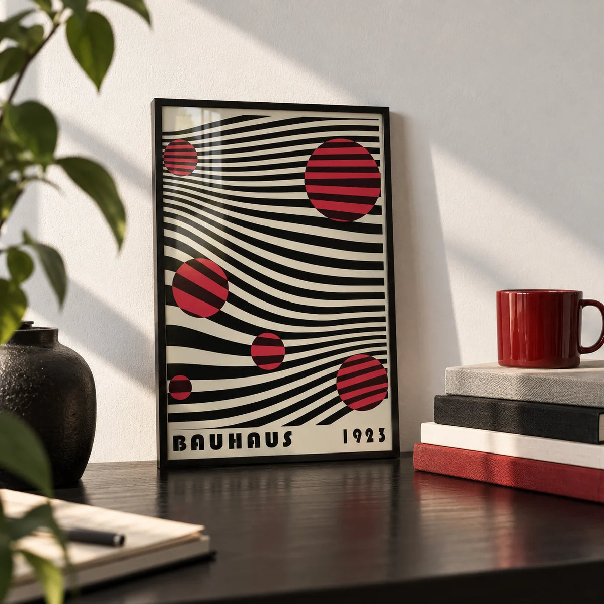 Large Bauhaus Wall Art, a small A4 framed print leaning on a black desk