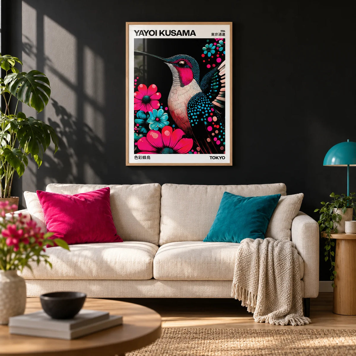 Large Bird Prints, framed on the wall of a bold living room with a soft black painted wall and a light oak floor