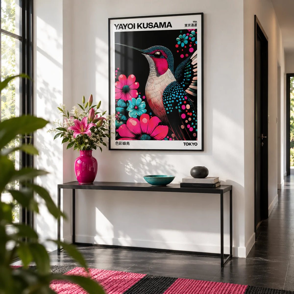 Large Bird Prints, framed on the wall of a bright hallway with a white wall and a black floor