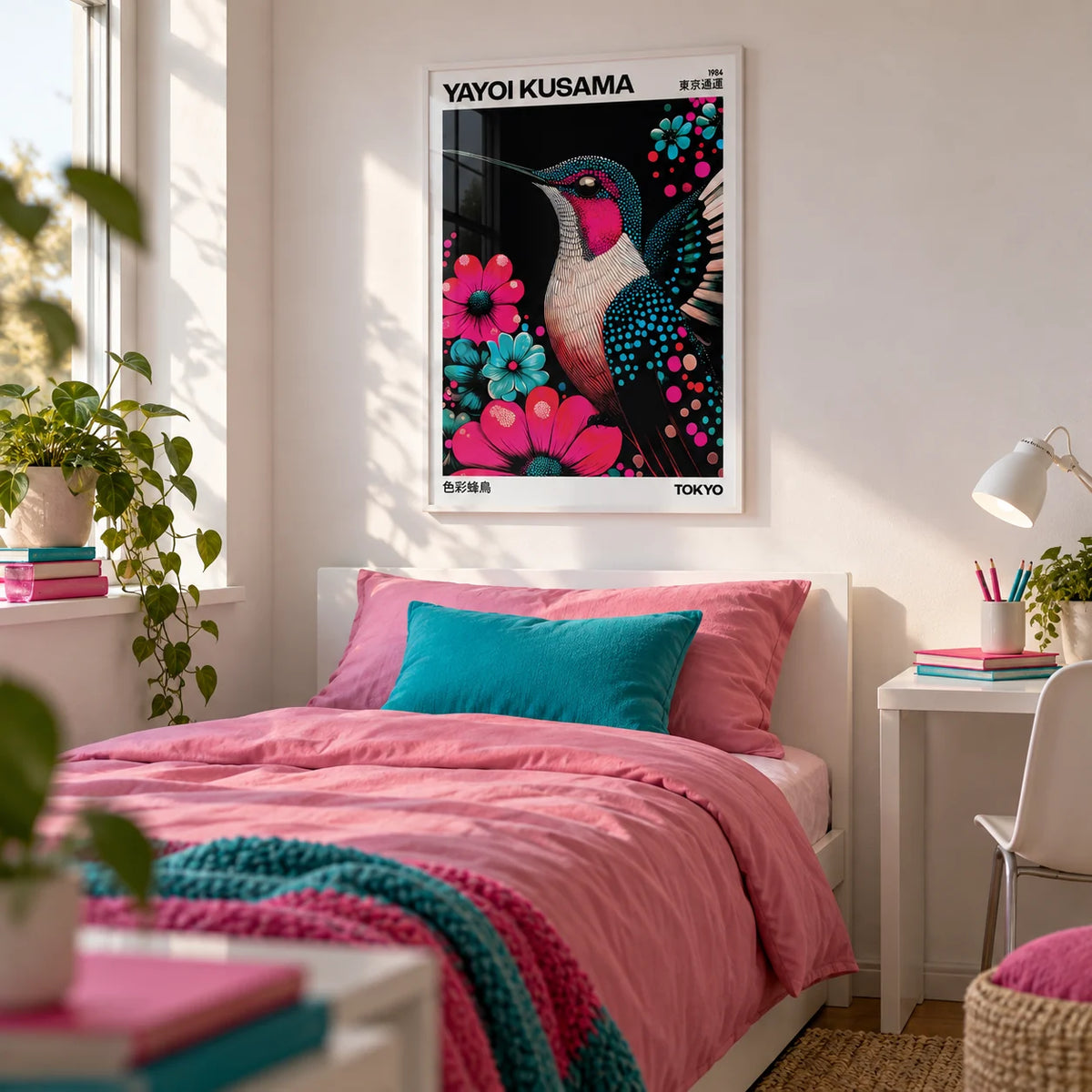 Large Bird Prints, framed on the wall of a bright single bedroom for a teen girl (13-17) with a white wall
