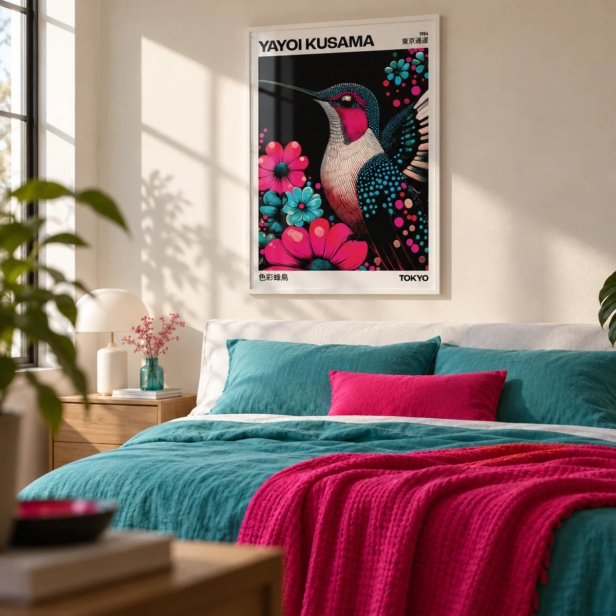 Large Bird Prints, framed on the wall of a calm modern bedroom with a warm white wall