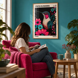 Large Bird Prints, framed on the wall of a cosy reading corner with a turquoise painted wall in a living room