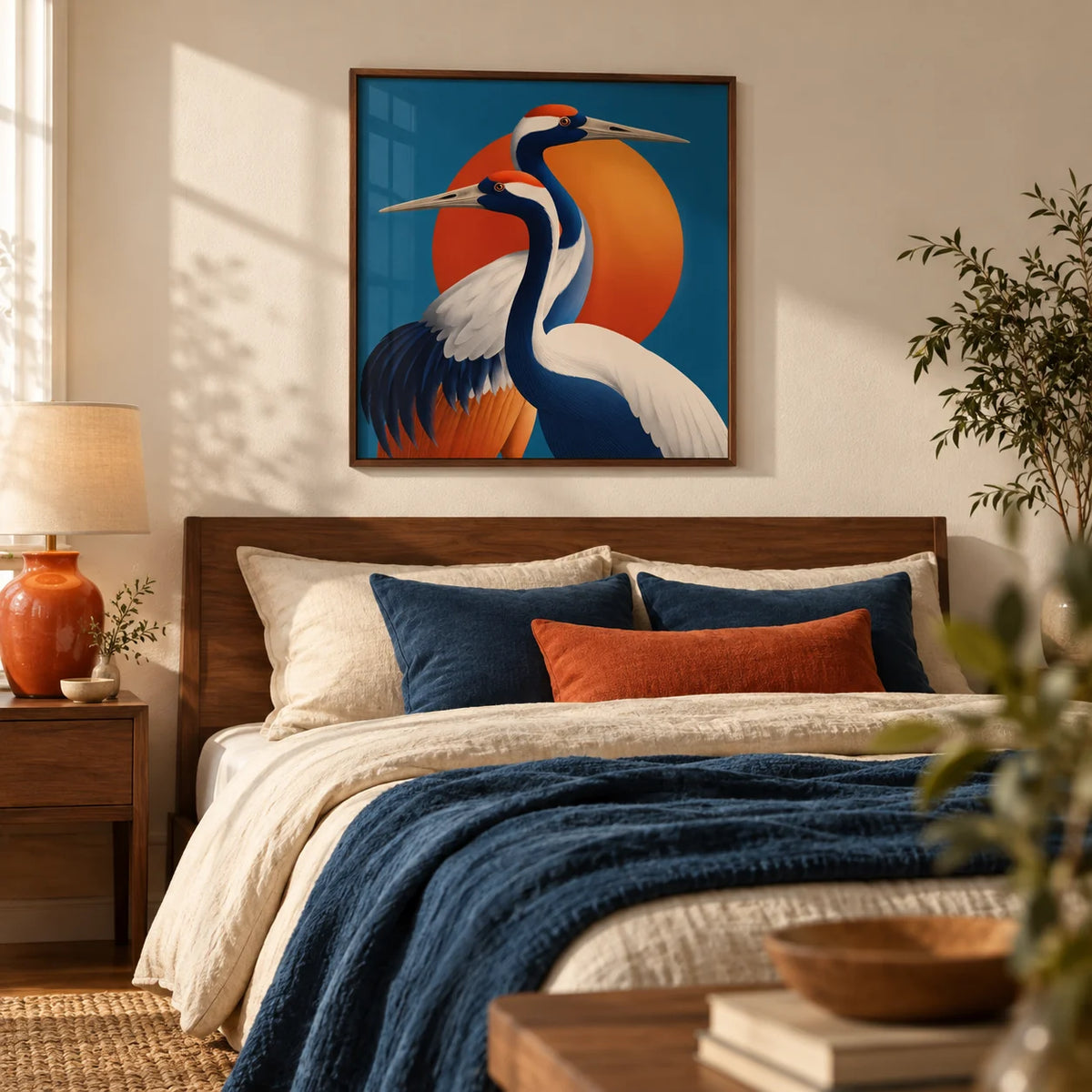 Large Birds Wall Art, framed on the wall of a calm bedroom with a warm white wall