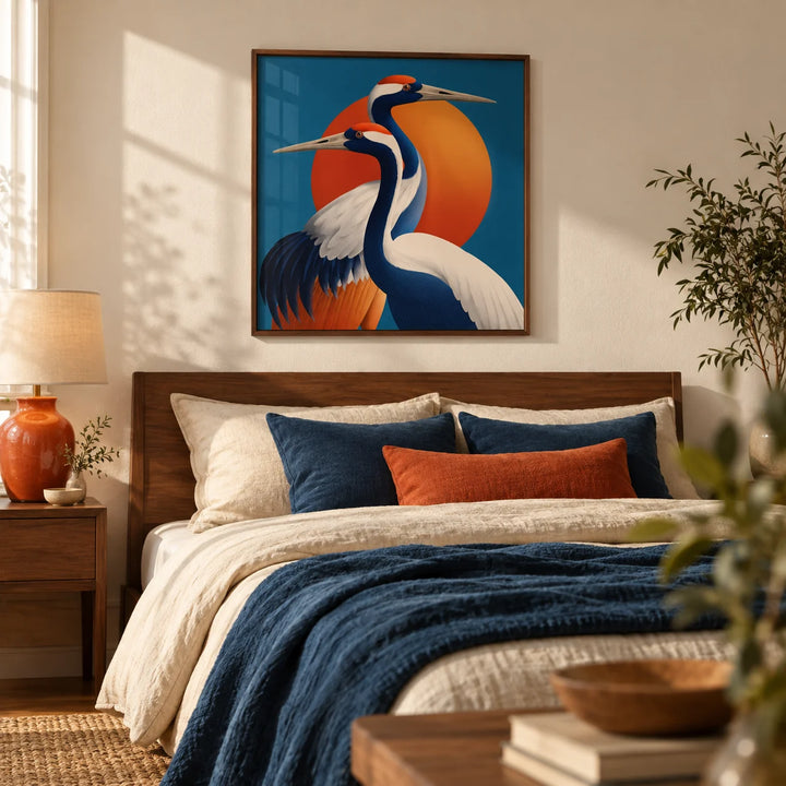 Large Birds Wall Art, framed on the wall of a calm bedroom with a warm white wall