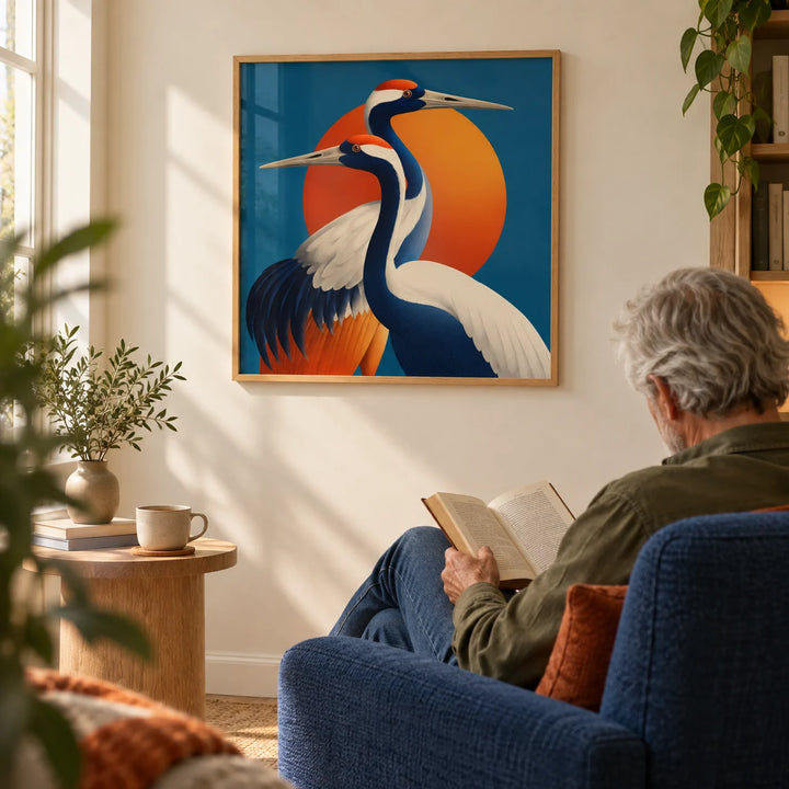 Large Birds Wall Art, framed on the wall of a calm reading corner with a cream wall in a living room