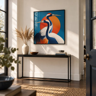Large Birds Wall Art, framed on the wall of an entrance hall with a white wall and a dark wood floor