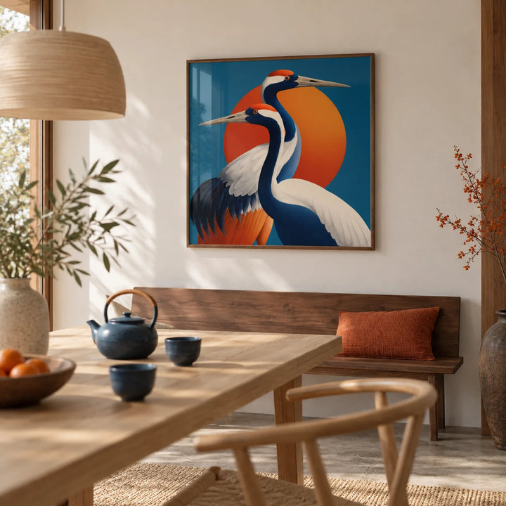 Large Birds Wall Art, framed on the wall of a Japandi dining room with a soft white wall