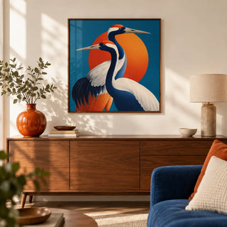 Large Birds Wall Art, framed on the wall of a modern living room with a warm white wall