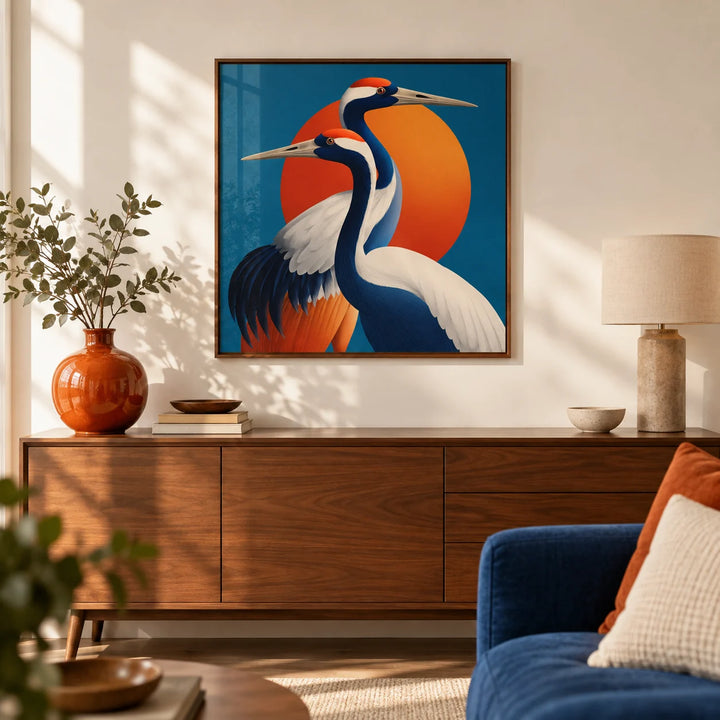 Large Birds Wall Art, framed on the wall of a modern living room with a warm white wall