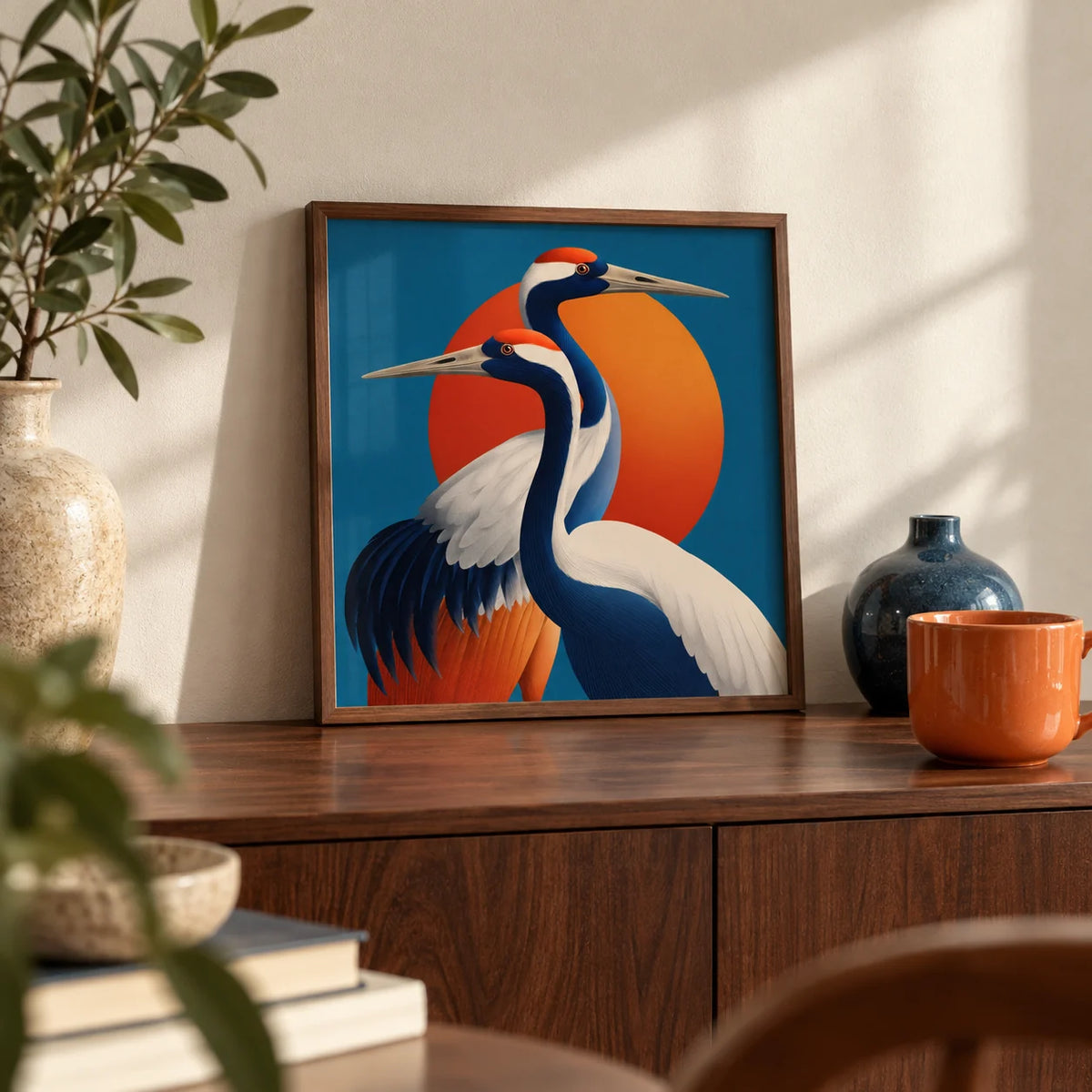 Large Birds Wall Art, a small A4 framed print leaning on a walnut sideboard in a living room