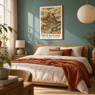Large Buddha Wall Art, framed on the wall of a calm bedroom with a soft teal painted wall
