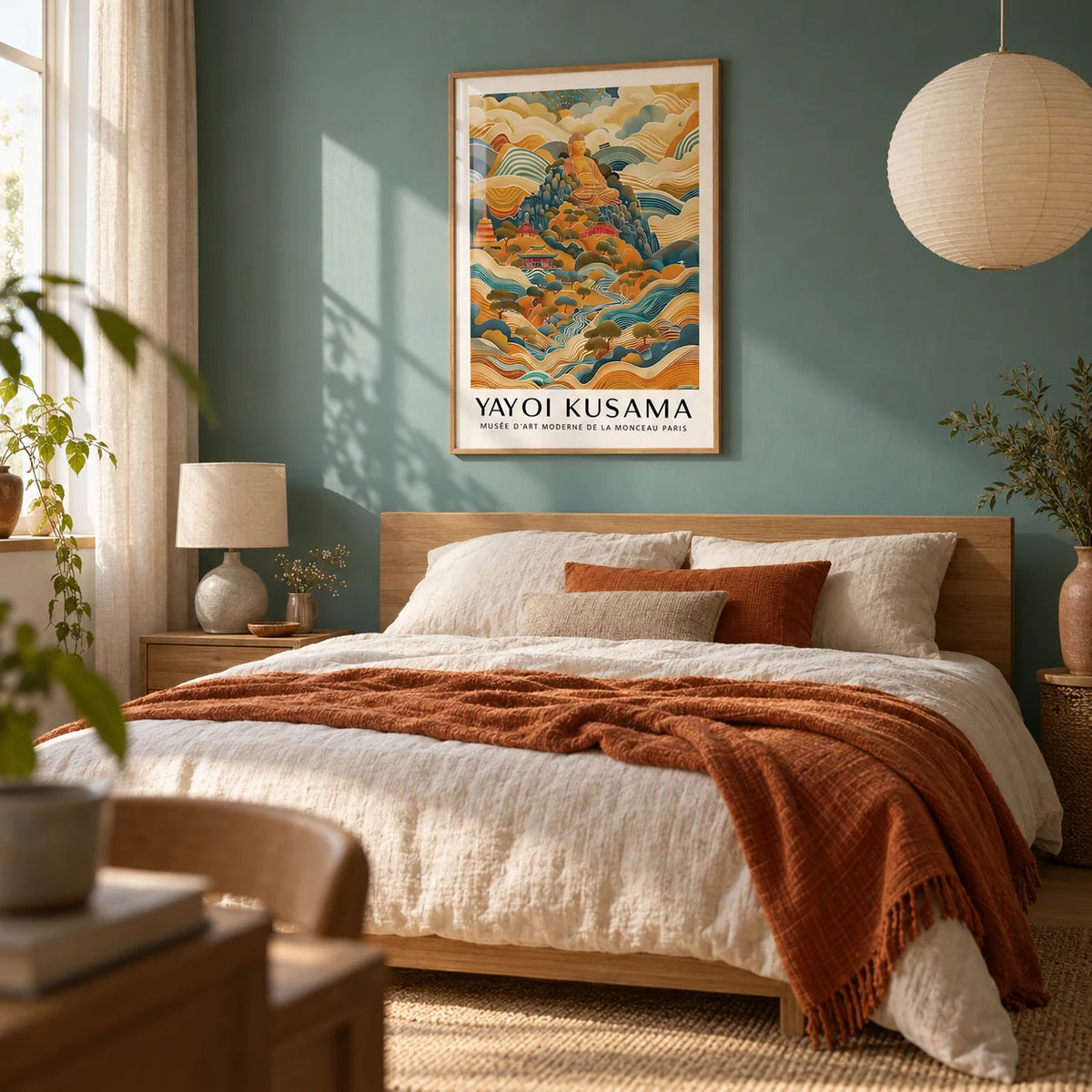 Large Buddha Wall Art, framed on the wall of a calm bedroom with a soft teal painted wall