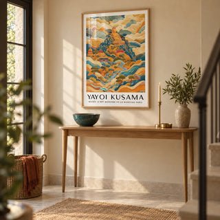 Large Buddha Wall Art, framed on the wall of a calm entrance hall with a warm beige wall and a pale stone floor