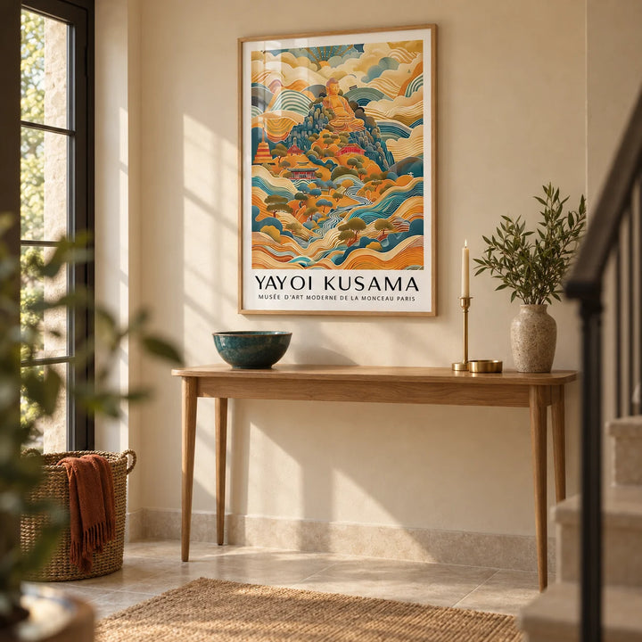 Large Buddha Wall Art, framed on the wall of a calm entrance hall with a warm beige wall and a pale stone floor