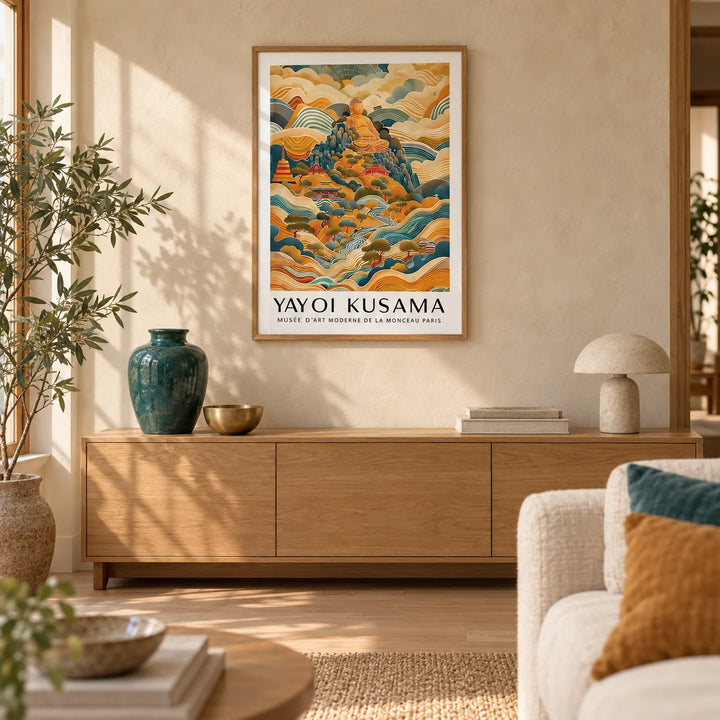 Large Buddha Wall Art, framed on the wall of a calm living room with a warm beige limewashed wall and a pale oak floor