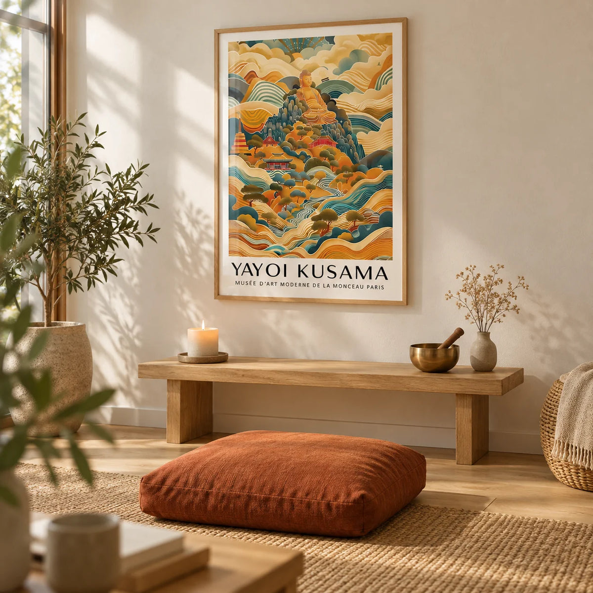 Large Buddha Wall Art, framed on the wall of a quiet meditation corner with a soft cream wall and a pale oak floor