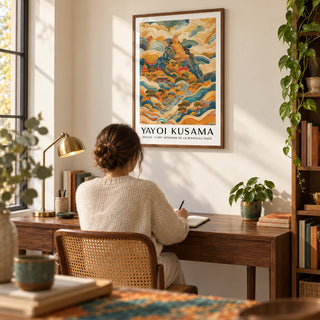 Large Buddha Wall Art, framed on the wall of a quiet study with a warm white wall