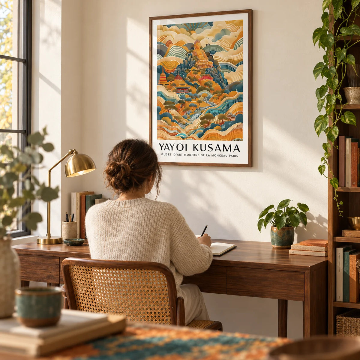 Large Buddha Wall Art, framed on the wall of a quiet study with a warm white wall