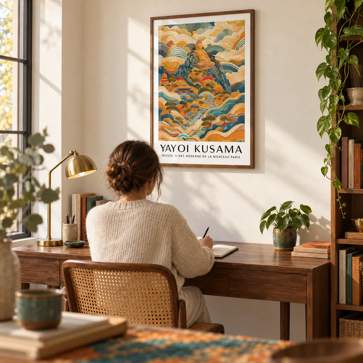 Large Buddha Wall Art, framed on the wall of a quiet study with a warm white wall