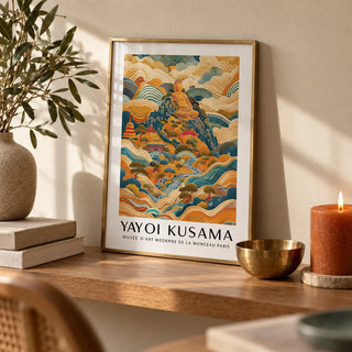 Large Buddha Wall Art, a small A4 framed print leaning on an oak shelf in a living room