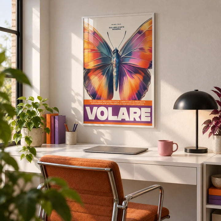 Large Butterfly Print, framed on the wall of a creative home office
