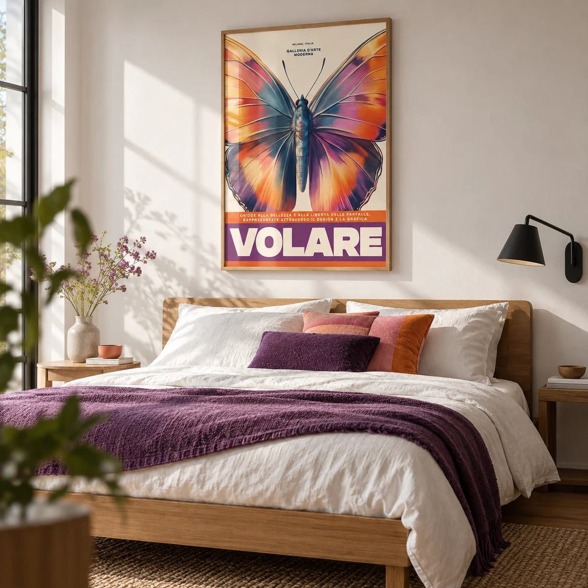 Large Butterfly Print, framed on the wall of a crisp modern bedroom