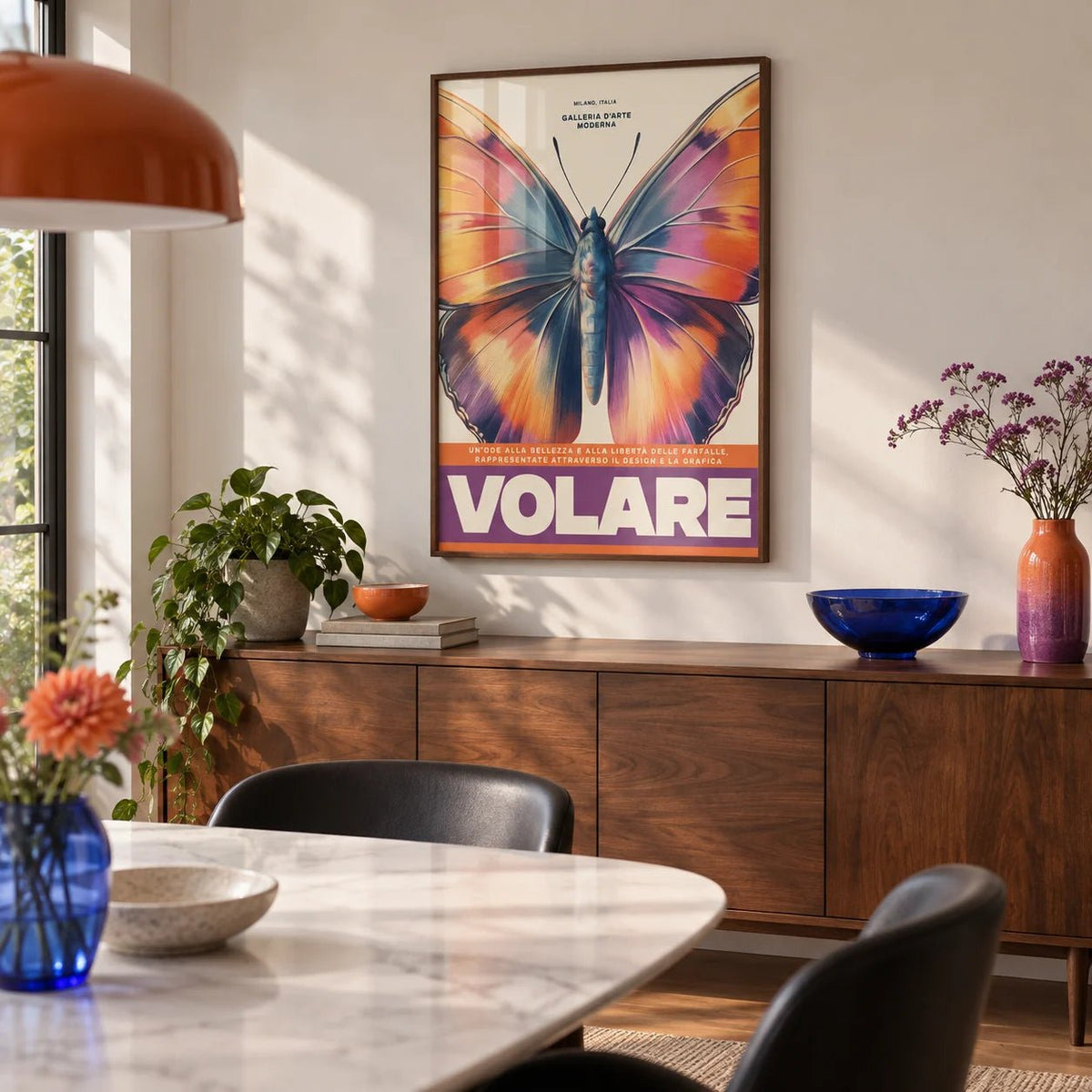 Large Butterfly Print, framed on the wall of a modern dining room