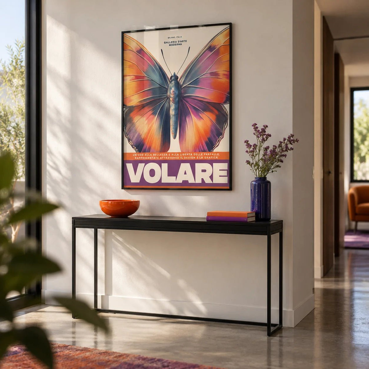 Large Butterfly Print, framed on the wall of a modern hallway