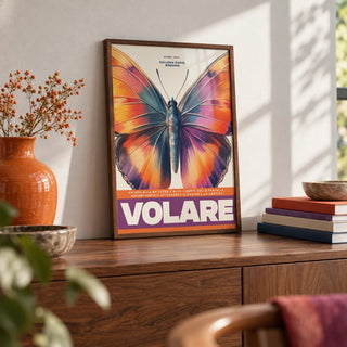 Large Butterfly Print, a small A4 framed print leaning on a walnut sideboard in a living room