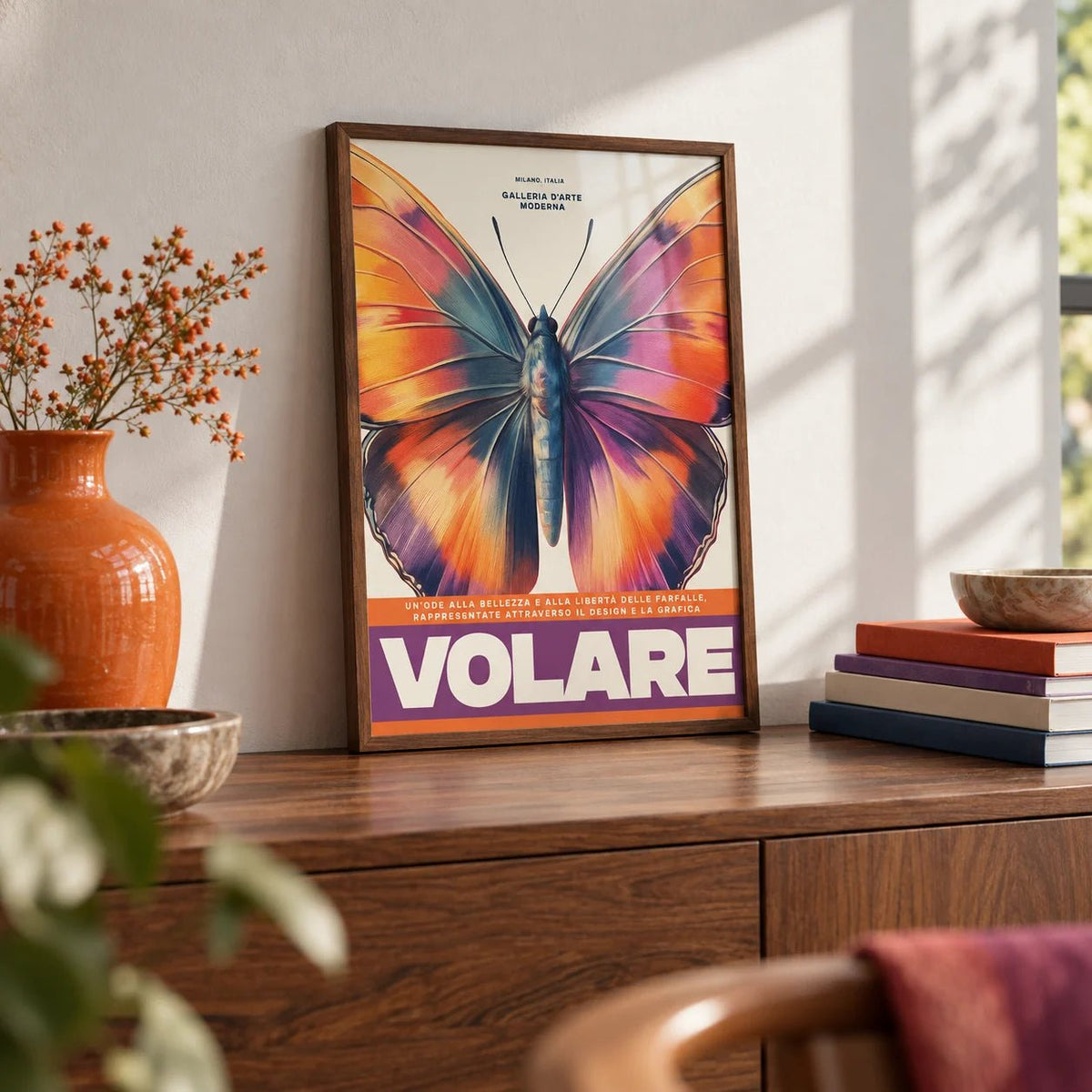Large Butterfly Print, a small A4 framed print leaning on a walnut sideboard in a living room