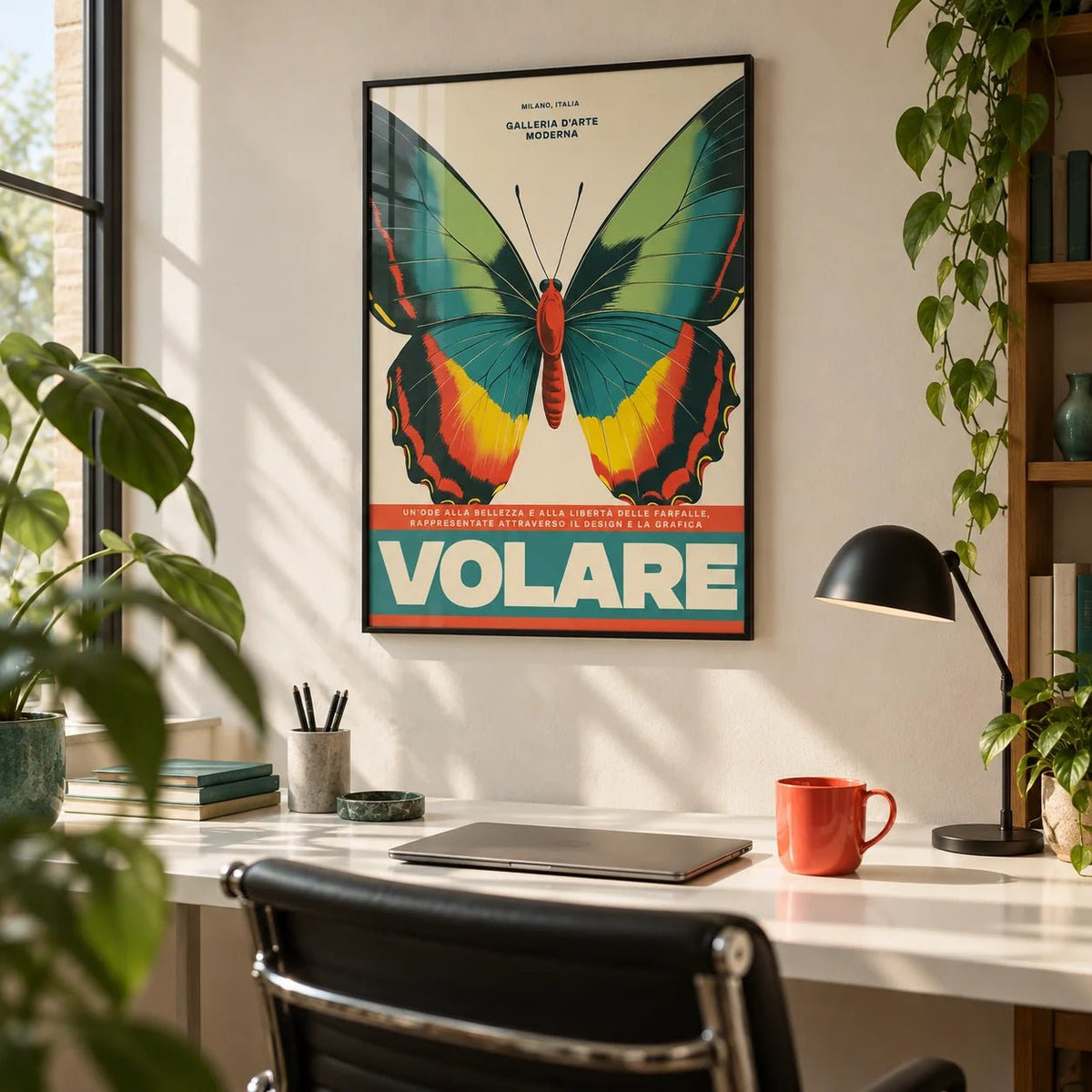 Large Butterfly Wall Art, framed on the wall of a creative home office