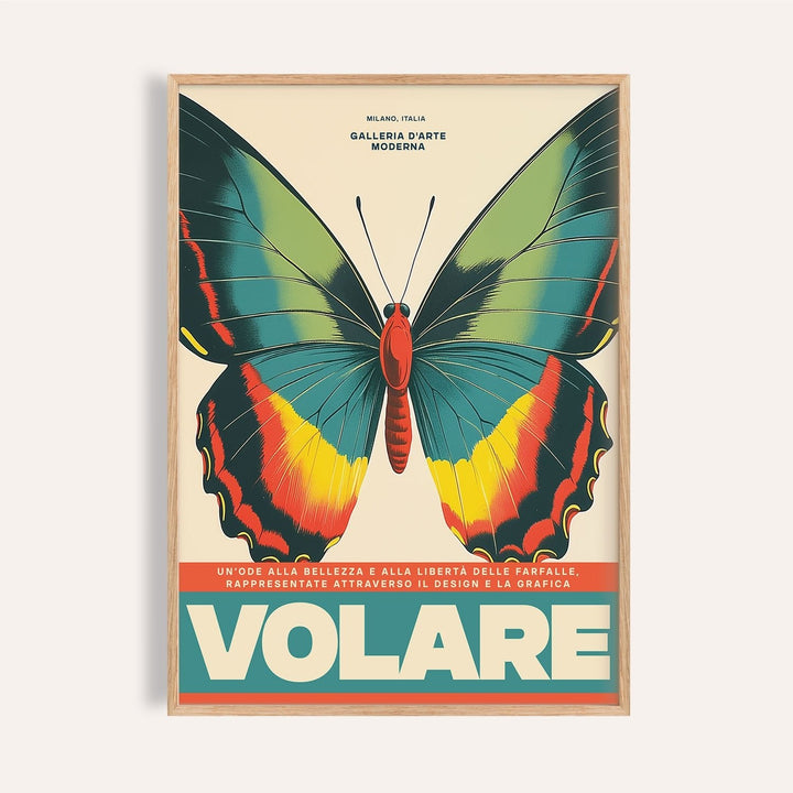 Framed close-up of large butterfly wall art with green yellow and red on cream background