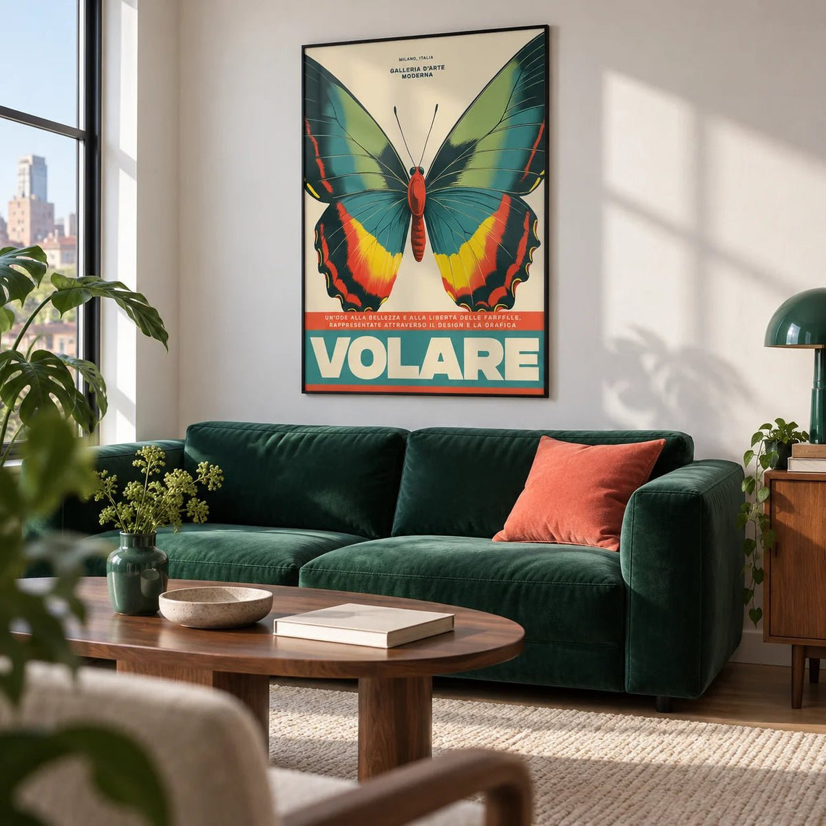 Large Butterfly Wall Art, framed on the wall of a modern city apartment living room