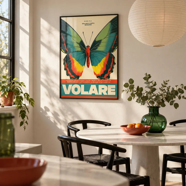 Large Butterfly Wall Art, framed on the wall of a modern dining nook