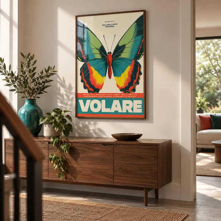 Large Butterfly Wall Art, framed on the wall of a modern hallway