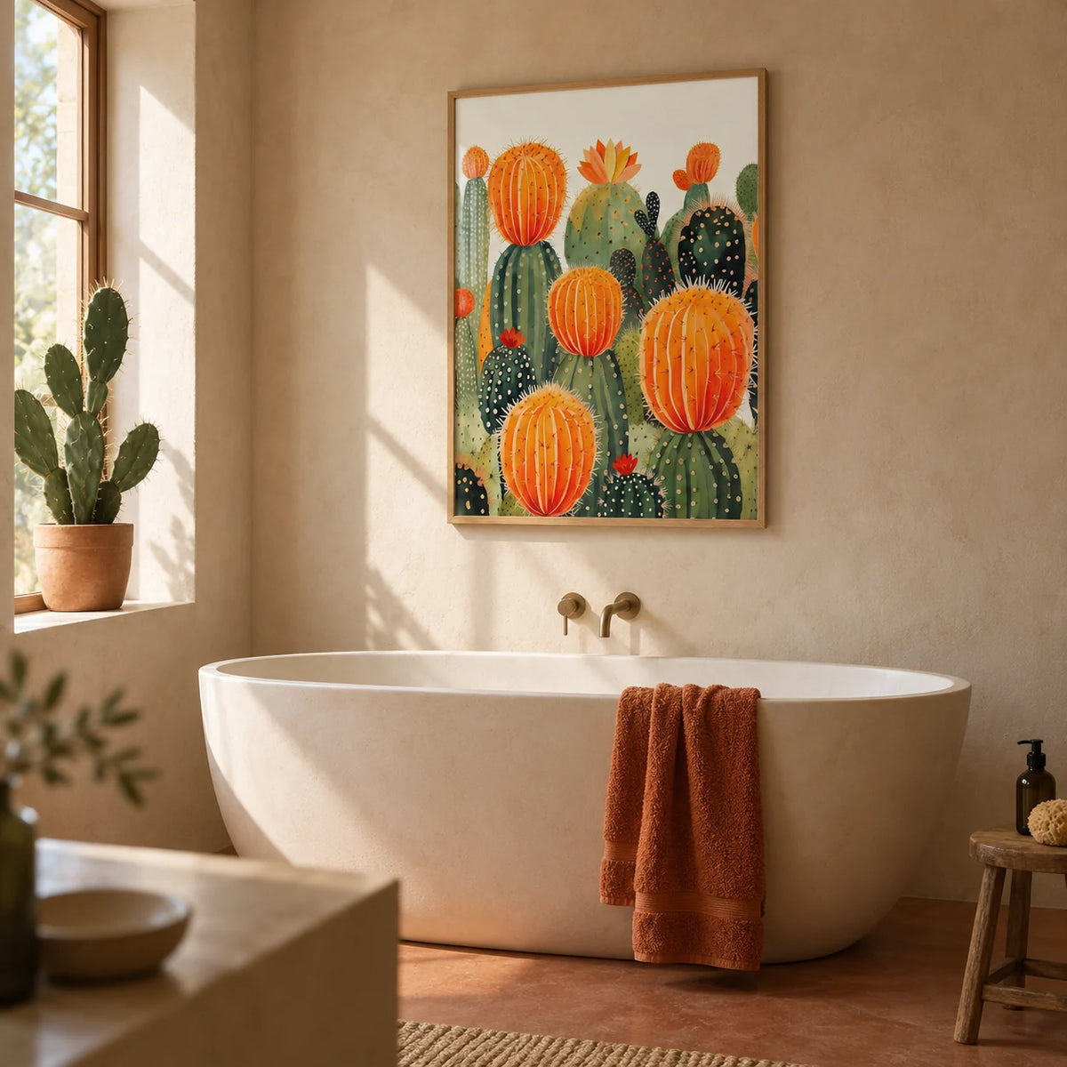 Large Cactus Wall Art, framed on the wall of a calm bathroom with sand microcement walls and a plain terracotta floor
