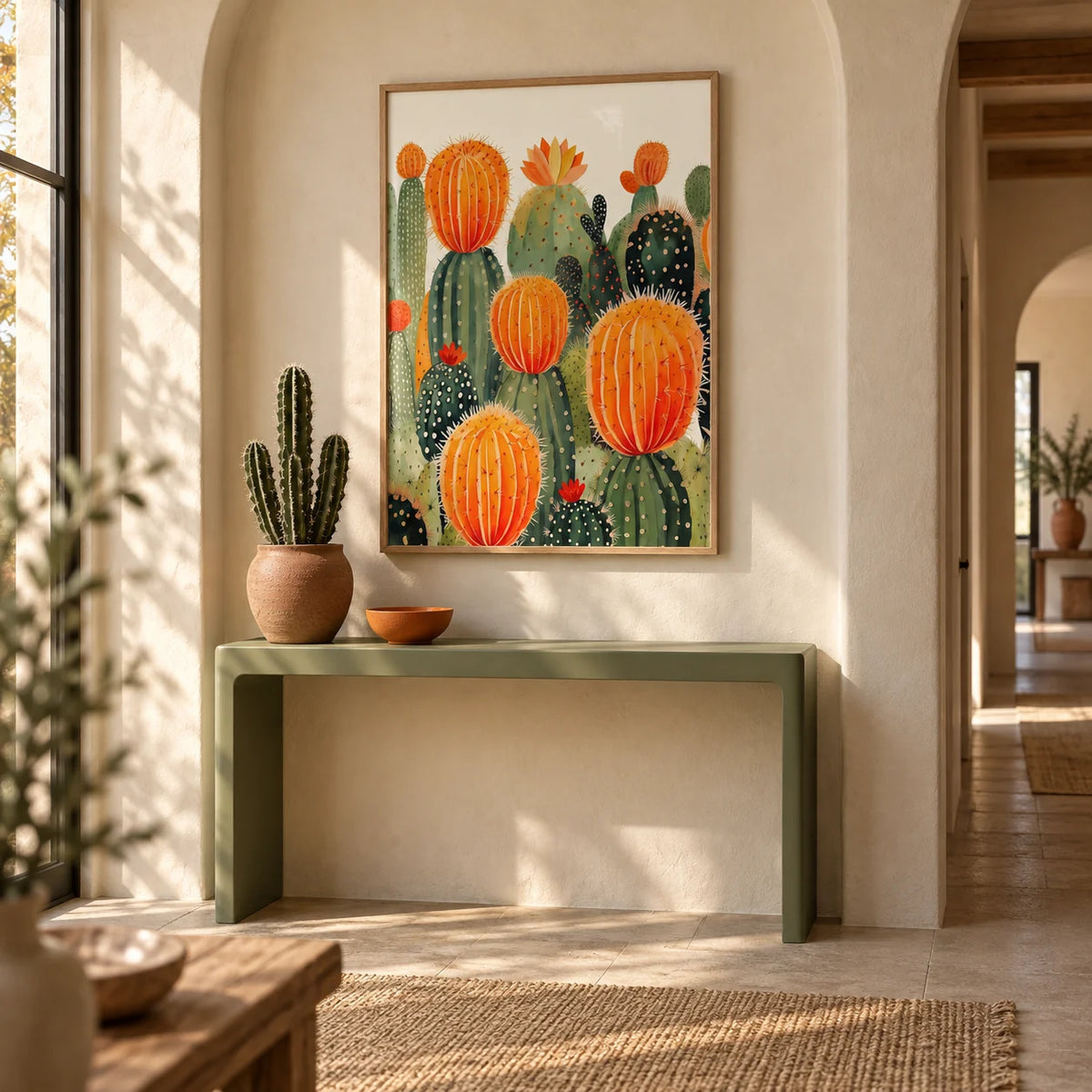 Large Cactus Wall Art, framed on the wall of a desert-modern hallway with an arched plaster niche