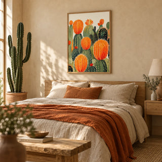 Large Cactus Wall Art, framed on the wall of an earthy bedroom with a warm sand limewashed wall