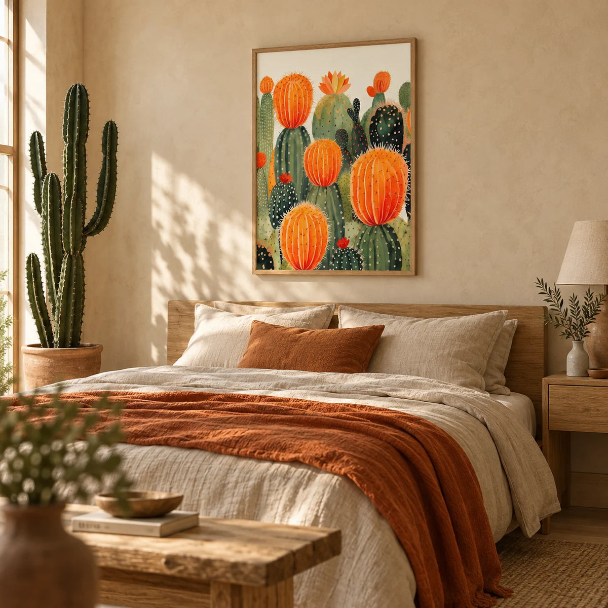 Large Cactus Wall Art, framed on the wall of an earthy bedroom with a warm sand limewashed wall