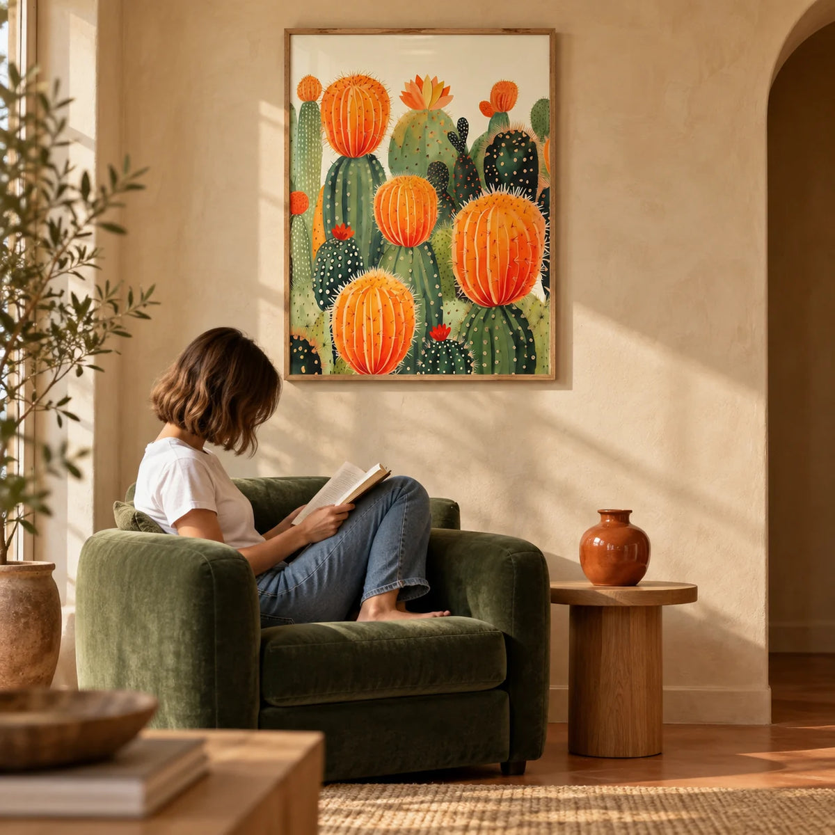 Large Cactus Wall Art, framed on the wall of a warm desert-modern living room with sand limewashed plaster walls and a plain terracotta floor
