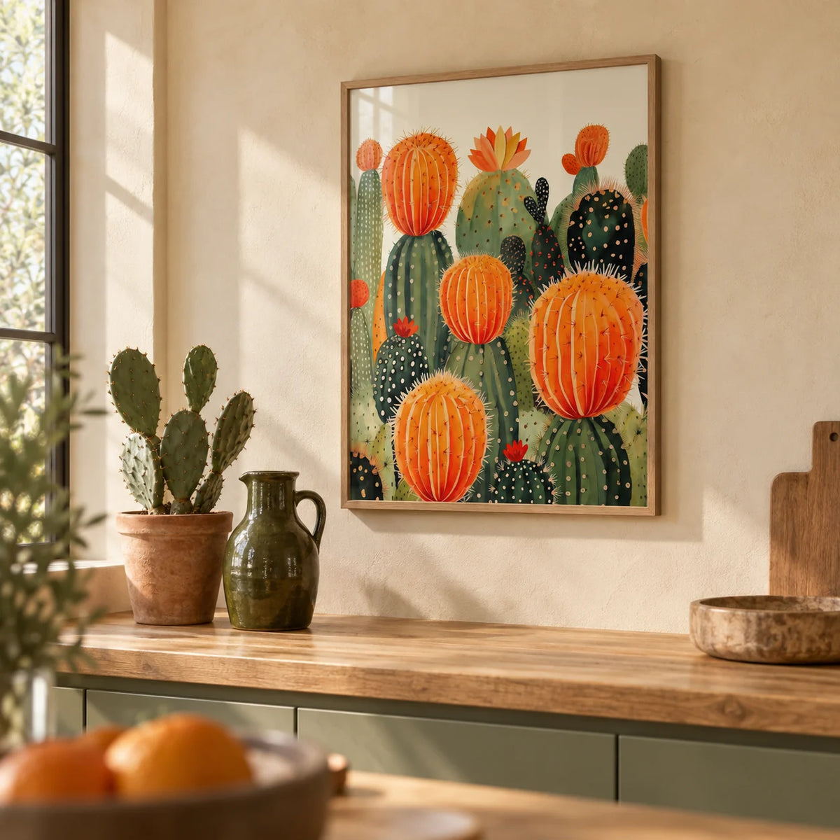 Large Cactus Wall Art, framed on the wall of a warm plaster kitchen with smooth sand walls and an oak worktop