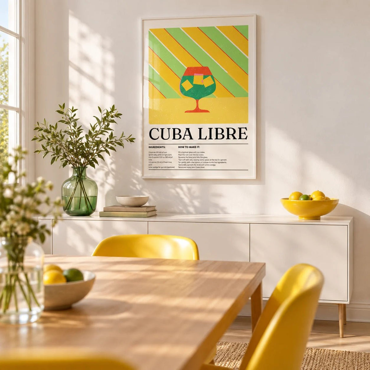 Large Colorful Wall Art, framed on the wall of a bright dining room with a white wall