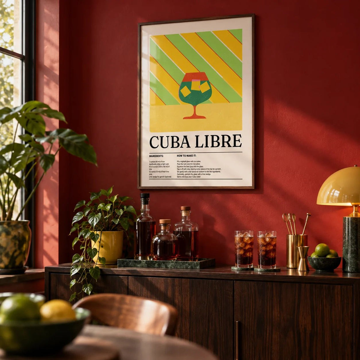 Large Colorful Wall Art, framed on the wall of a home bar with a deep red painted wall