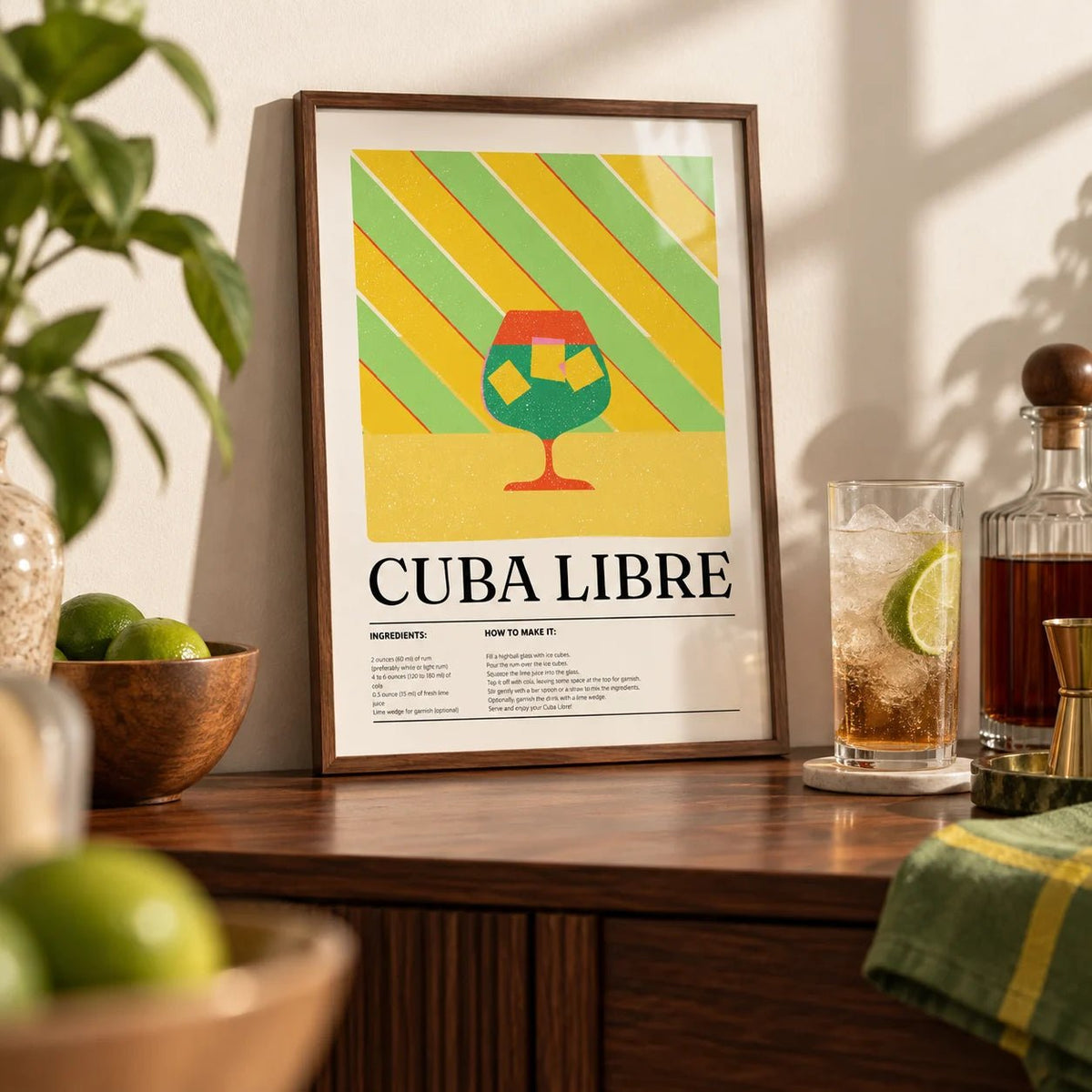 Large Colorful Wall Art, a small A4 framed print leaning on a walnut bar shelf in a living room