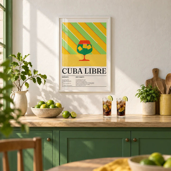 Large Colorful Wall Art, framed on the wall of a sunny Cuban-style kitchen with a white limewashed wall