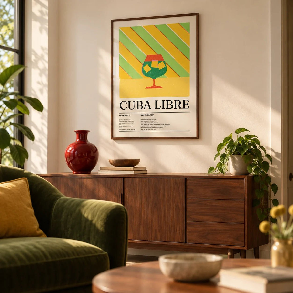Large Colorful Wall Art, framed on the wall of a warm living room with a cream wall