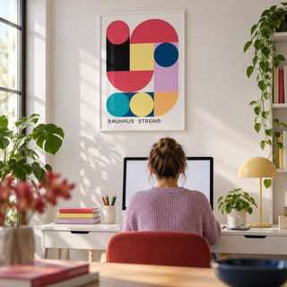 Large Colourful Wall Art, framed on the wall of a creative studio with a white wall in a home office