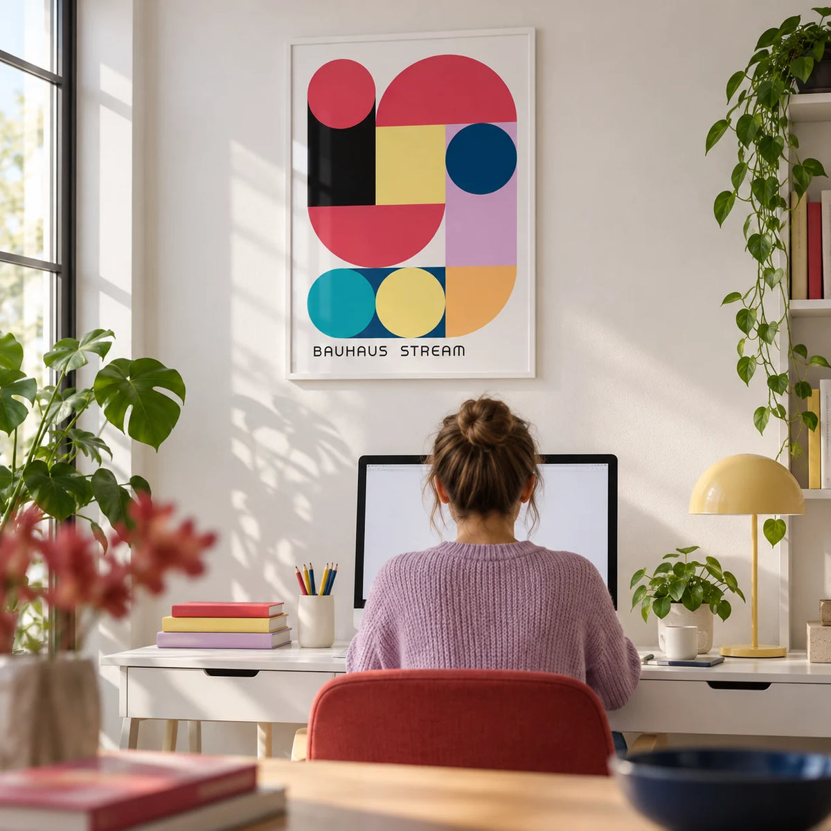 Large Colourful Wall Art, framed on the wall of a creative studio with a white wall in a home office
